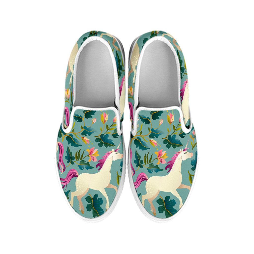 Floral Unicorn Pattern Print White Slip On Sneakers