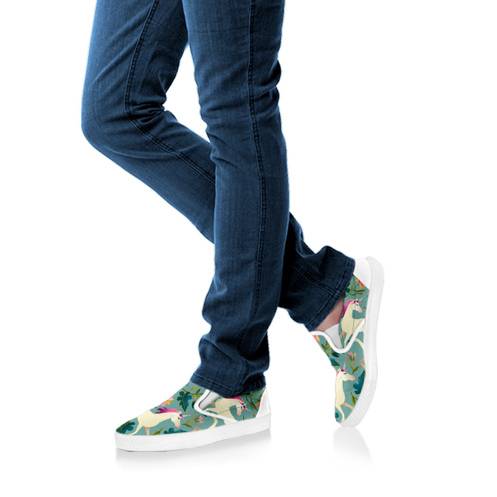 Floral Unicorn Pattern Print White Slip On Sneakers