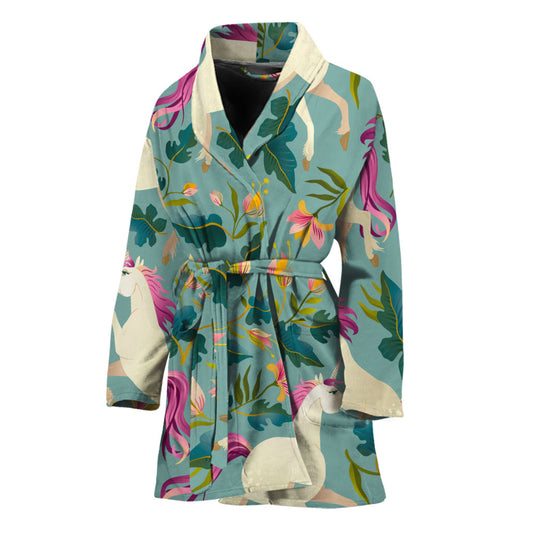 Floral Unicorn Pattern Print Women's Bathrobe