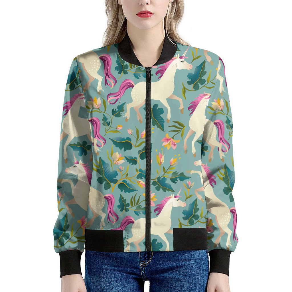 Floral Unicorn Pattern Print Women's Bomber Jacket
