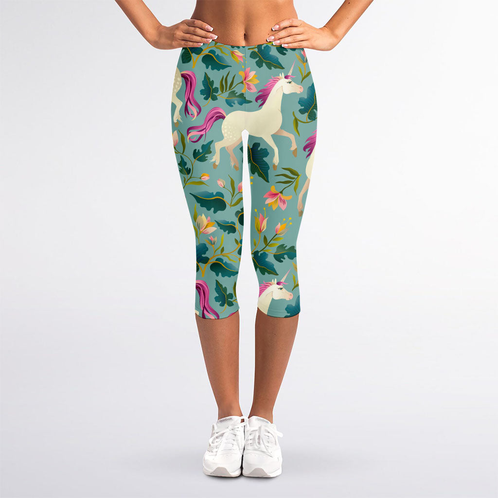 Floral Unicorn Pattern Print Women's Capri Leggings