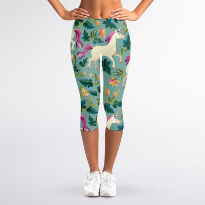 Floral Unicorn Pattern Print Women's Capri Leggings