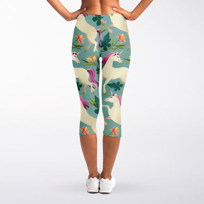 Floral Unicorn Pattern Print Women's Capri Leggings