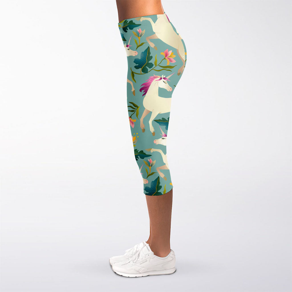 Floral Unicorn Pattern Print Women's Capri Leggings