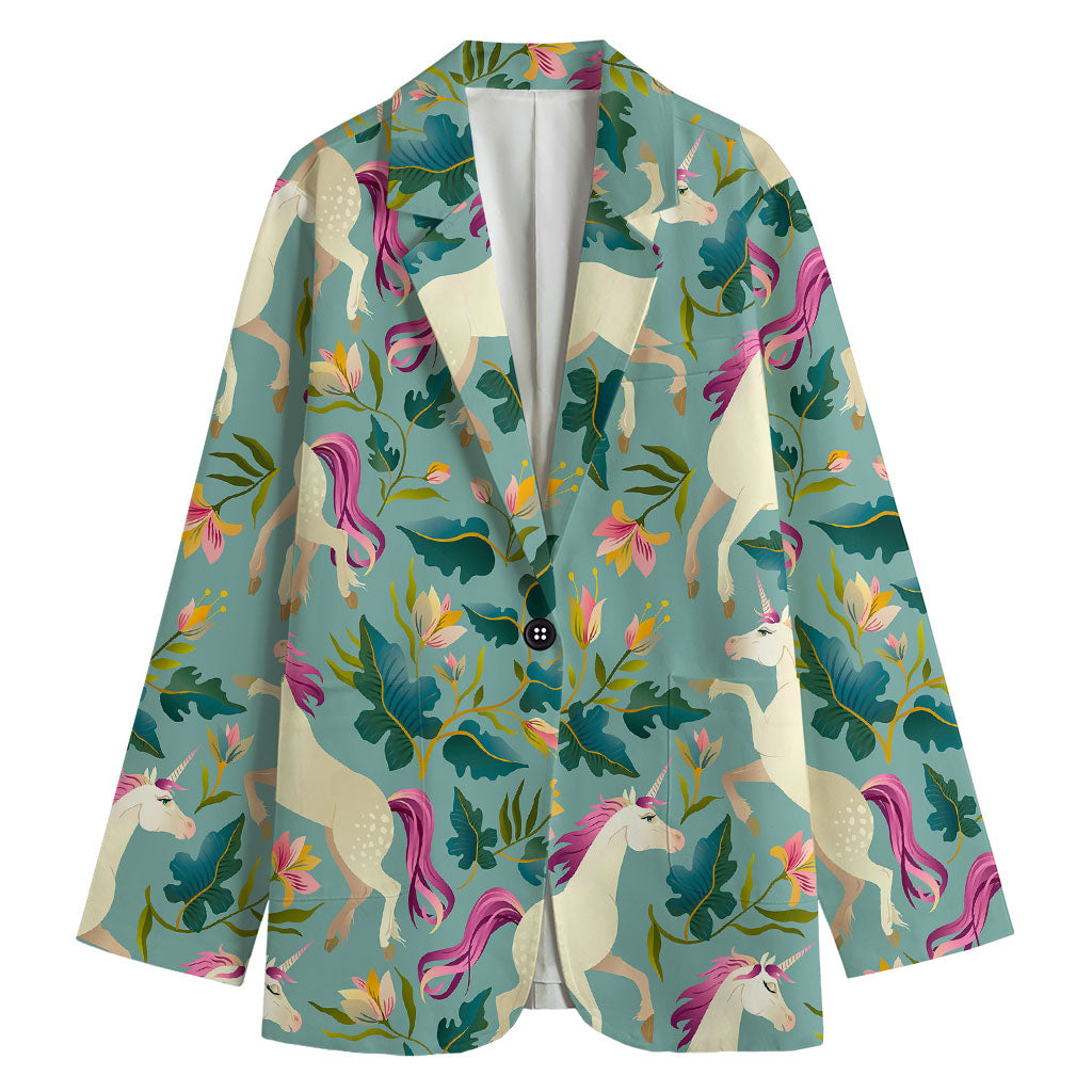 Floral Unicorn Pattern Print Women's Cotton Blazer