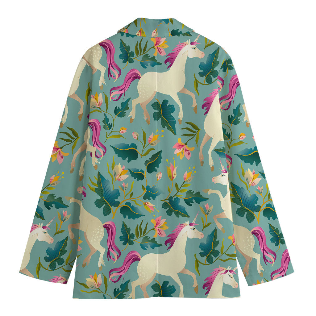 Floral Unicorn Pattern Print Women's Cotton Blazer