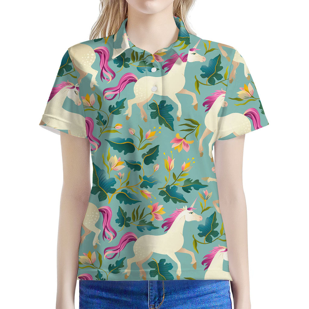 Floral Unicorn Pattern Print Women's Polo Shirt