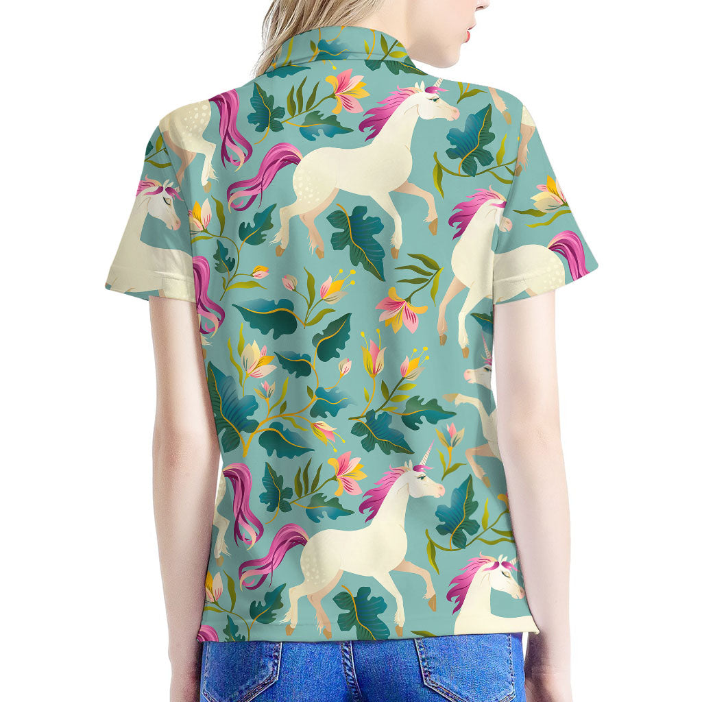 Floral Unicorn Pattern Print Women's Polo Shirt