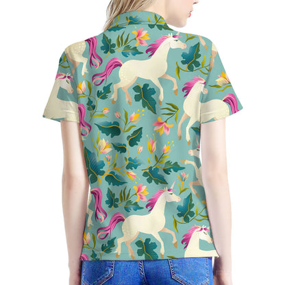 Floral Unicorn Pattern Print Women's Polo Shirt