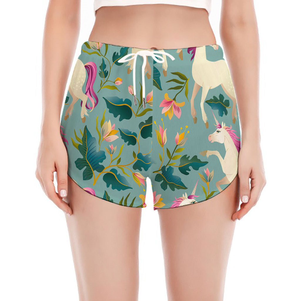 Floral Unicorn Pattern Print Women's Split Running Shorts