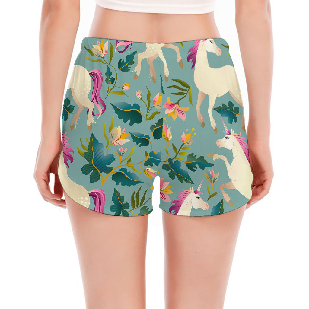 Floral Unicorn Pattern Print Women's Split Running Shorts
