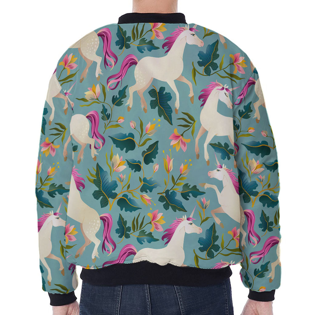 Floral Unicorn Pattern Print Zip Sleeve Bomber Jacket