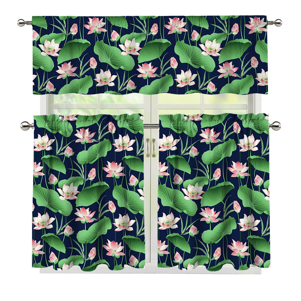 Flower And Leaf Lotus Pattern Print 3 Piece Kitchen Curtains