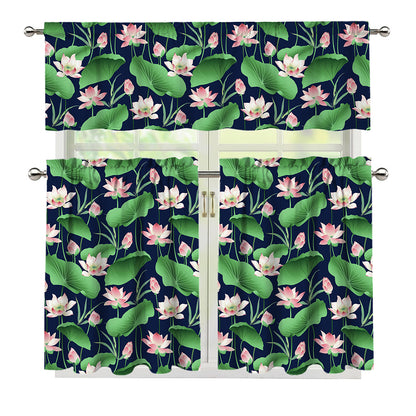 Flower And Leaf Lotus Pattern Print 3 Piece Kitchen Curtains