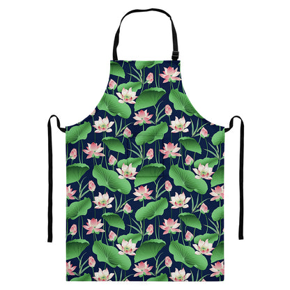 Flower And Leaf Lotus Pattern Print Bib Apron With Pocket