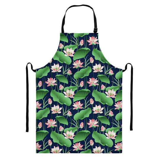 Flower And Leaf Lotus Pattern Print Bib Apron With Pocket