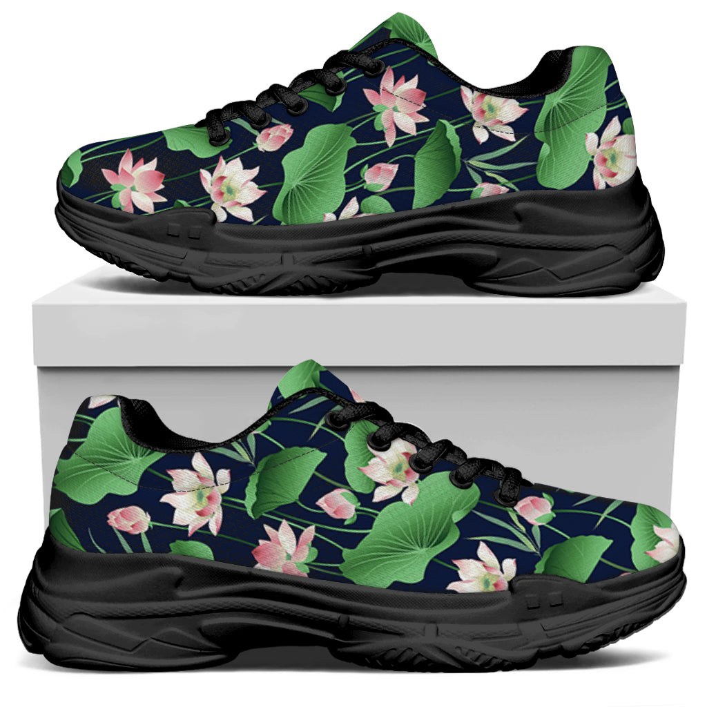 Flower And Leaf Lotus Pattern Print Black Chunky Shoes