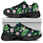 Flower And Leaf Lotus Pattern Print Black Chunky Shoes