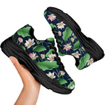 Flower And Leaf Lotus Pattern Print Black Chunky Shoes