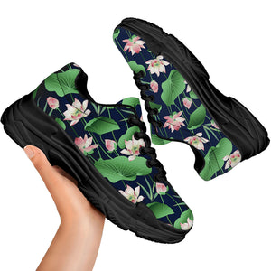 Flower And Leaf Lotus Pattern Print Black Chunky Shoes