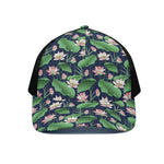 Flower And Leaf Lotus Pattern Print Black Mesh Trucker Cap