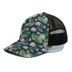 Flower And Leaf Lotus Pattern Print Black Mesh Trucker Cap