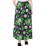 Flower And Leaf Lotus Pattern Print Chiffon Maxi Skirt