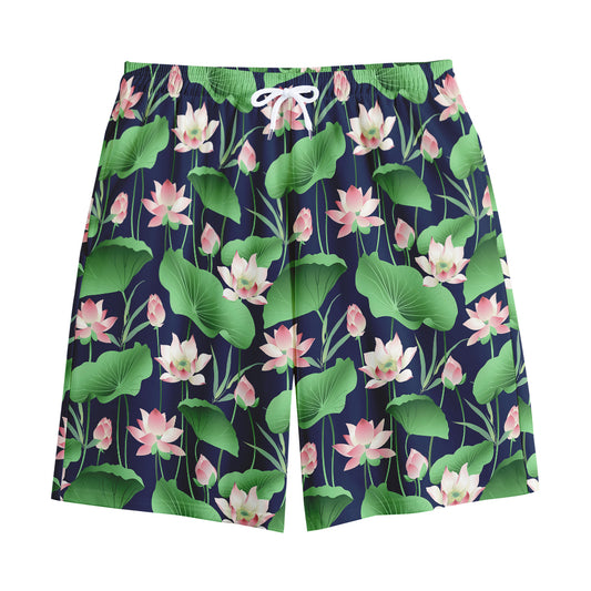 Flower And Leaf Lotus Pattern Print Cotton Shorts