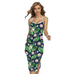 Flower And Leaf Lotus Pattern Print Cross Back Cami Dress