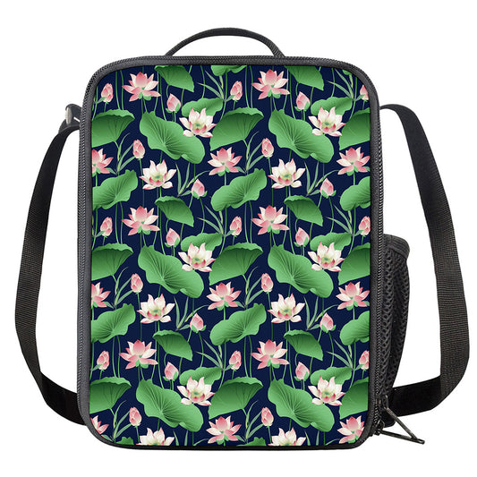 Flower And Leaf Lotus Pattern Print Crossbody Lunch Bag
