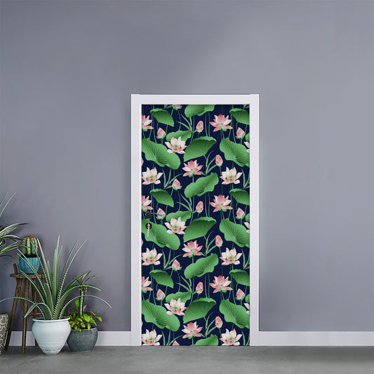 Flower And Leaf Lotus Pattern Print Door Sticker