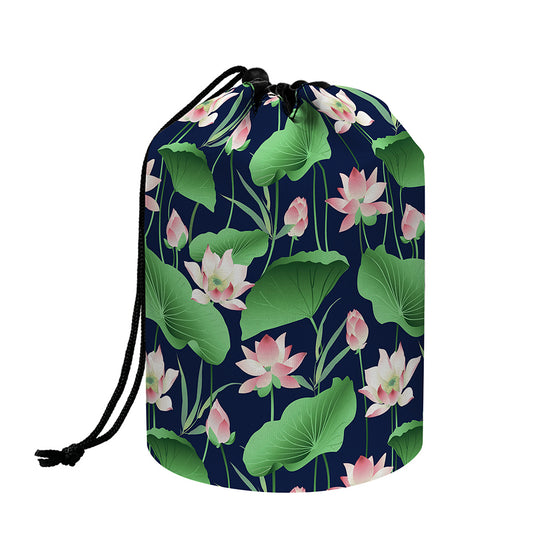Flower And Leaf Lotus Pattern Print Drawstring Makeup Bag