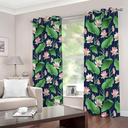 Flower And Leaf Lotus Pattern Print Extra Wide Grommet Curtains
