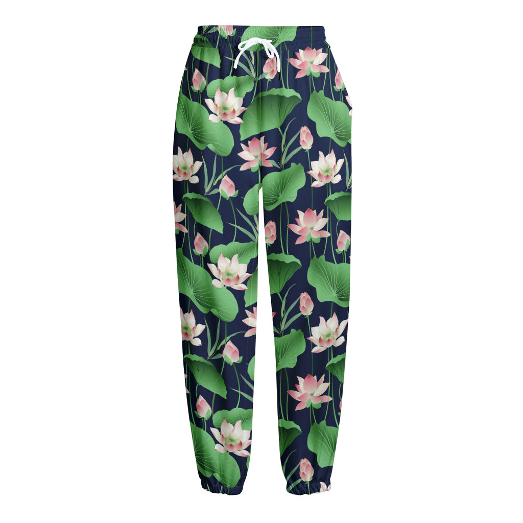 Flower And Leaf Lotus Pattern Print Fleece Lined Knit Pants