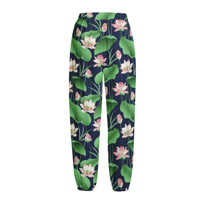 Flower And Leaf Lotus Pattern Print Fleece Lined Knit Pants