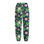 Flower And Leaf Lotus Pattern Print Fleece Lined Knit Pants