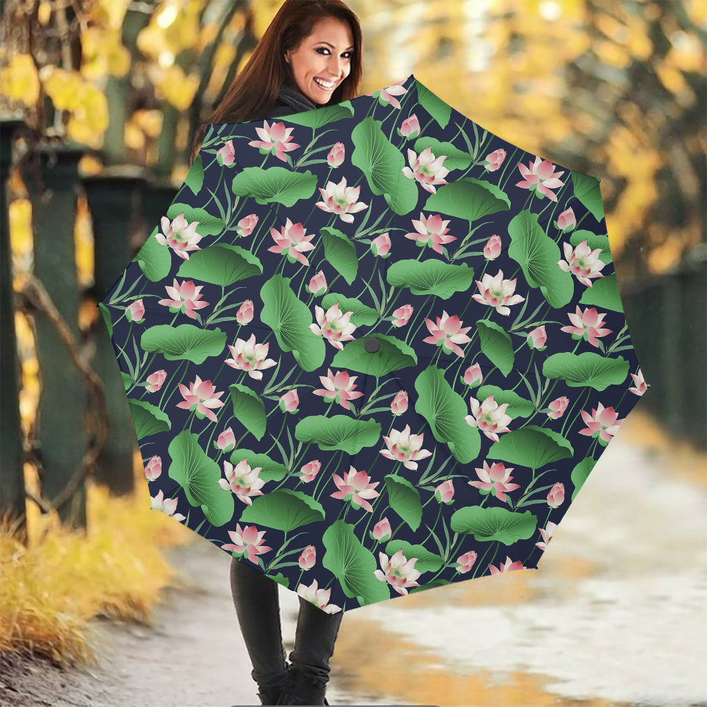 Flower And Leaf Lotus Pattern Print Foldable Umbrella