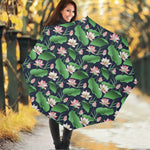 Flower And Leaf Lotus Pattern Print Foldable Umbrella