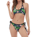 Flower And Leaf Lotus Pattern Print Halter Scoop Tie Side Bikini