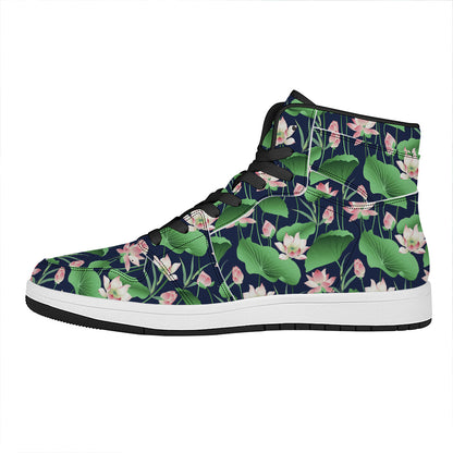 Flower And Leaf Lotus Pattern Print High Top Leather Sneakers