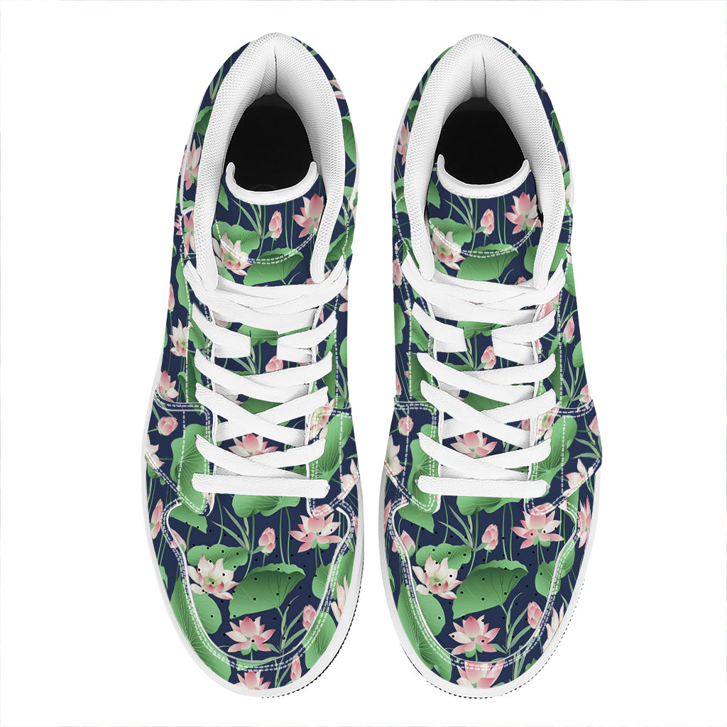 Flower And Leaf Lotus Pattern Print High Top Leather Sneakers