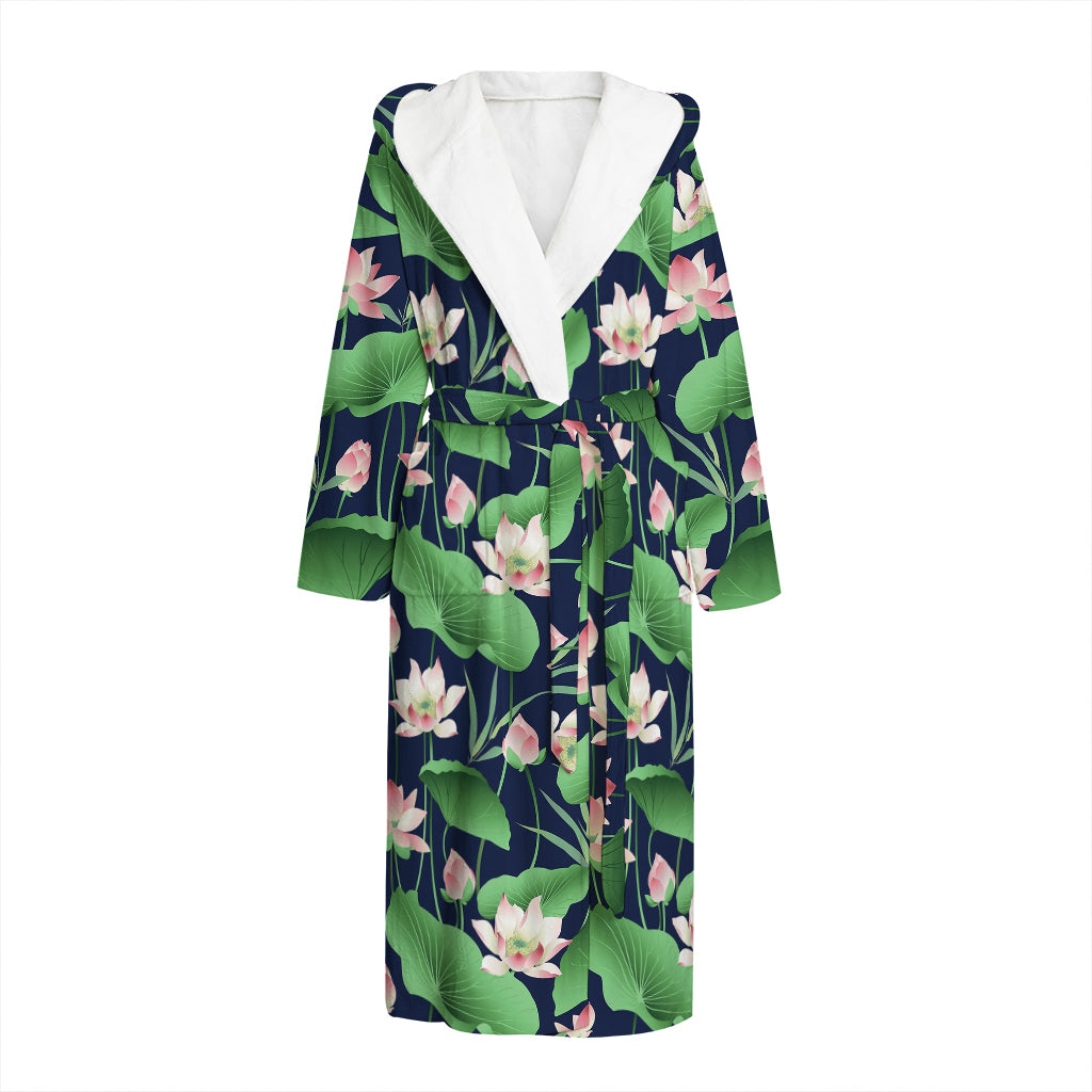 Flower And Leaf Lotus Pattern Print Hooded Bathrobe