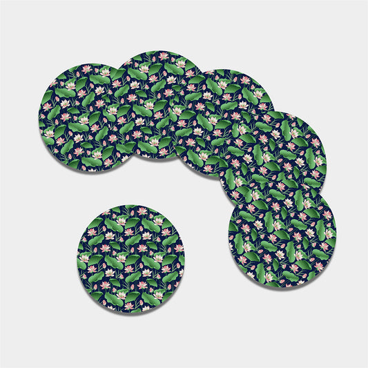 Flower And Leaf Lotus Pattern Print Leather Coaster Set