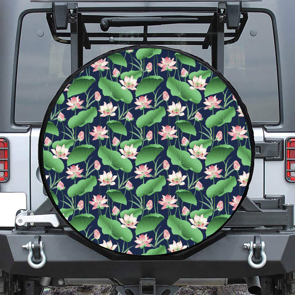 Flower And Leaf Lotus Pattern Print Leather Spare Tire Cover