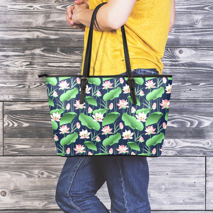 Flower And Leaf Lotus Pattern Print Leather Tote Bag