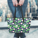 Flower And Leaf Lotus Pattern Print Leather Tote Bag