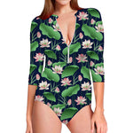 Flower And Leaf Lotus Pattern Print Long Sleeve Swimsuit