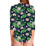 Flower And Leaf Lotus Pattern Print Long Sleeve Swimsuit