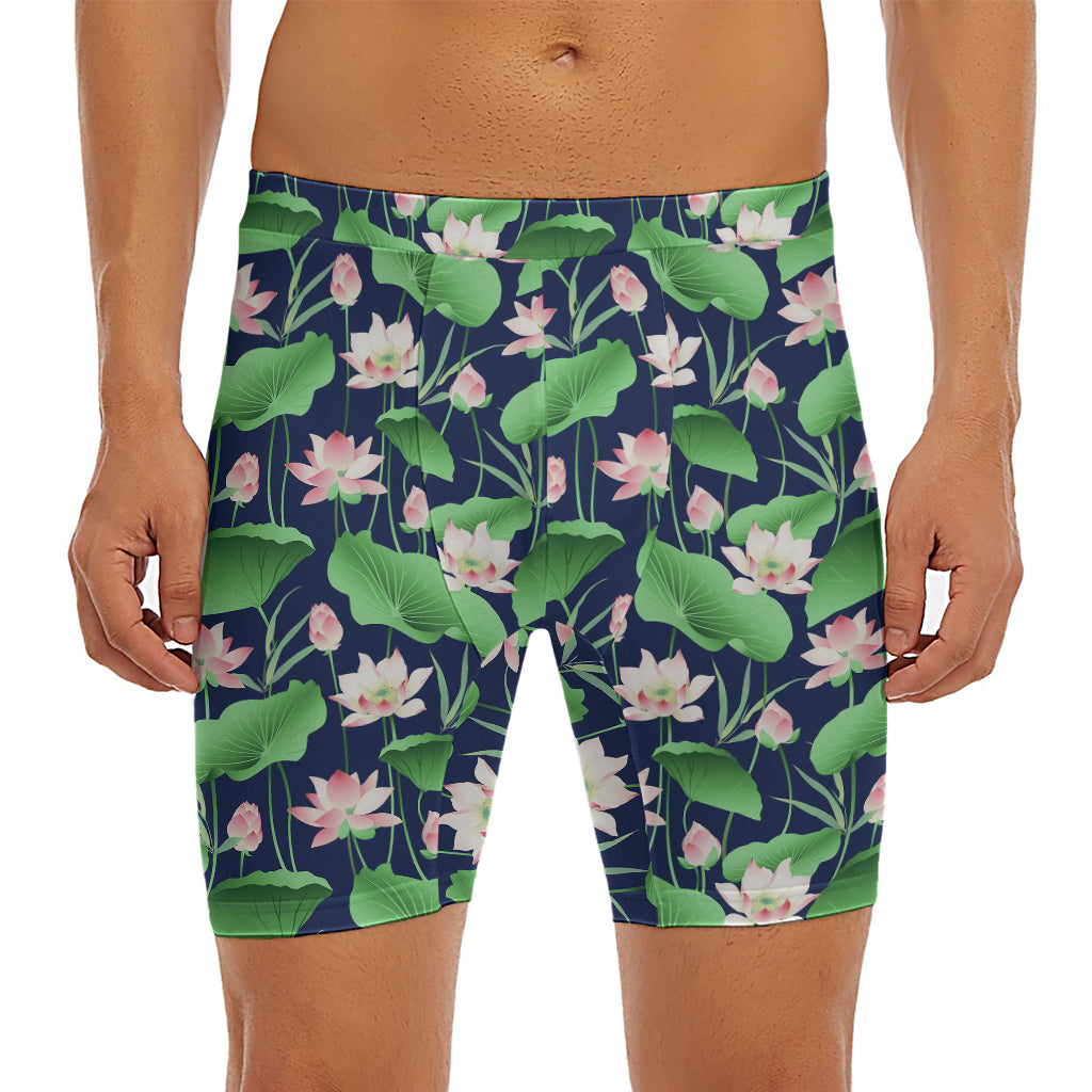 Flower And Leaf Lotus Pattern Print Men's Long Boxer Briefs
