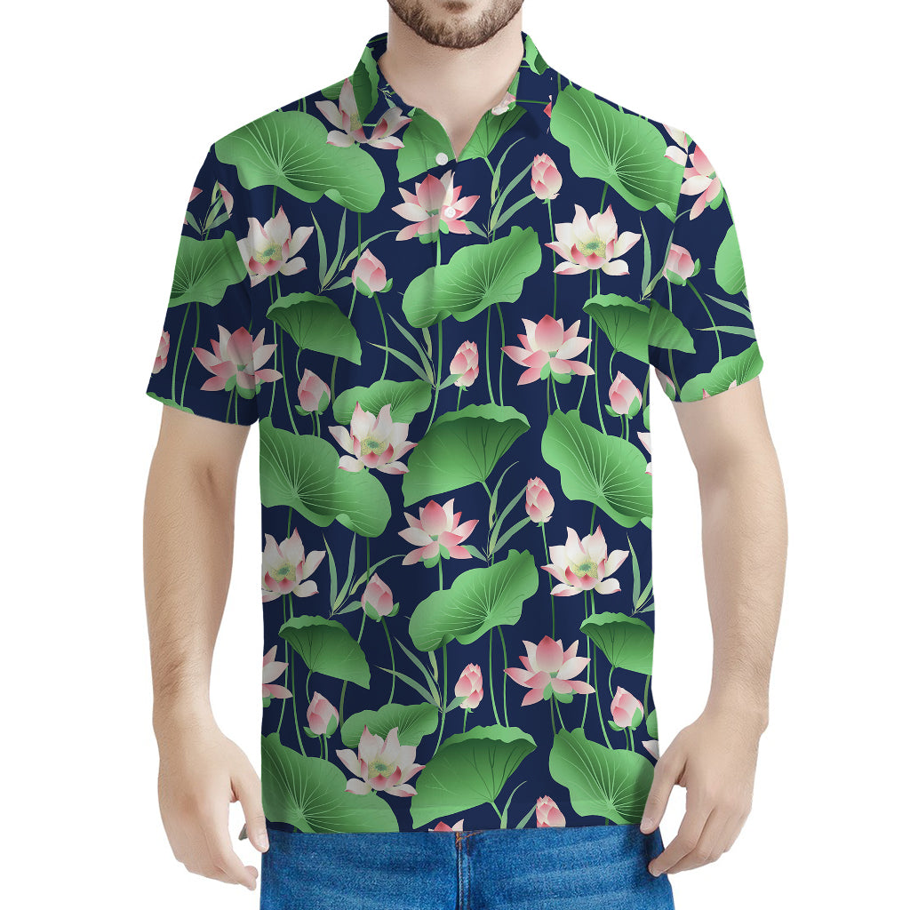 Flower And Leaf Lotus Pattern Print Men's Polo Shirt